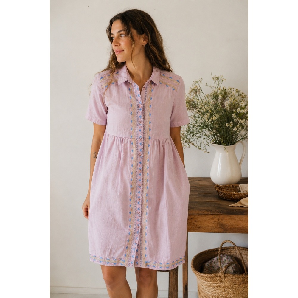 Orange Creek‎ Mauve Pink Embroidered Cotton Shirt Dress Midi Boho Modest Size M